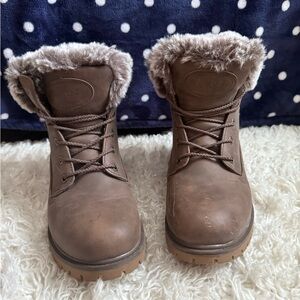 Lugz Empire Hi Fur or Rucker Hi Faux Fur lace-up boots in a brown/woodland color